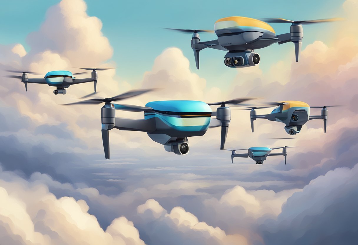 A fleet of long flight time drones soaring through a cloud-filled sky