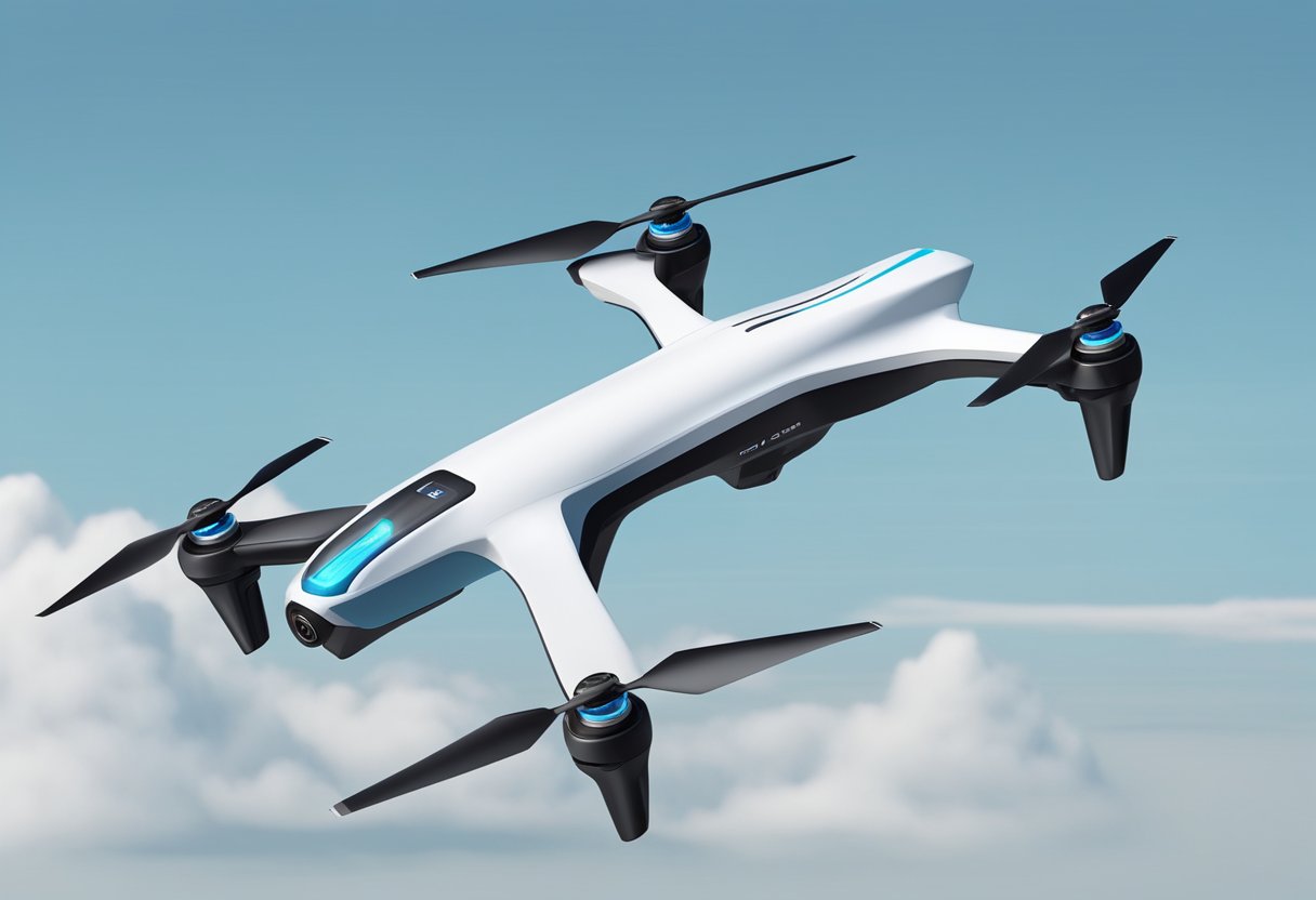 A drone with large, high-capacity battery, lightweight frame, efficient motors, and streamlined design soaring through the sky