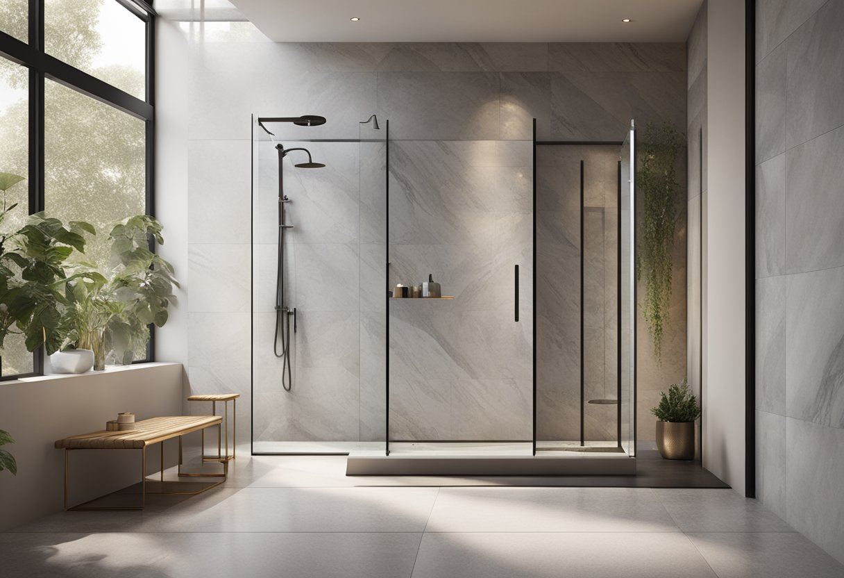 A modern walk-in shower with sleek glass walls, luxurious rainfall showerhead, built-in seating, and elegant marble or stone tiling