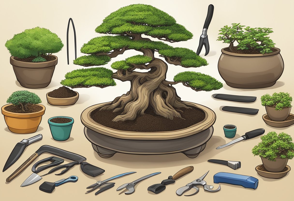 A table with complete bonsai tree kits, including small pots, soil, and miniature gardening tools