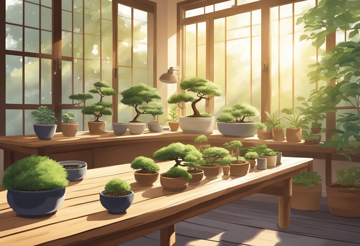 A peaceful garden with a variety of bonsai trees, tools, and instructional materials laid out neatly on a wooden table. The sunlight filters through the leaves, creating a serene and inviting atmosphere