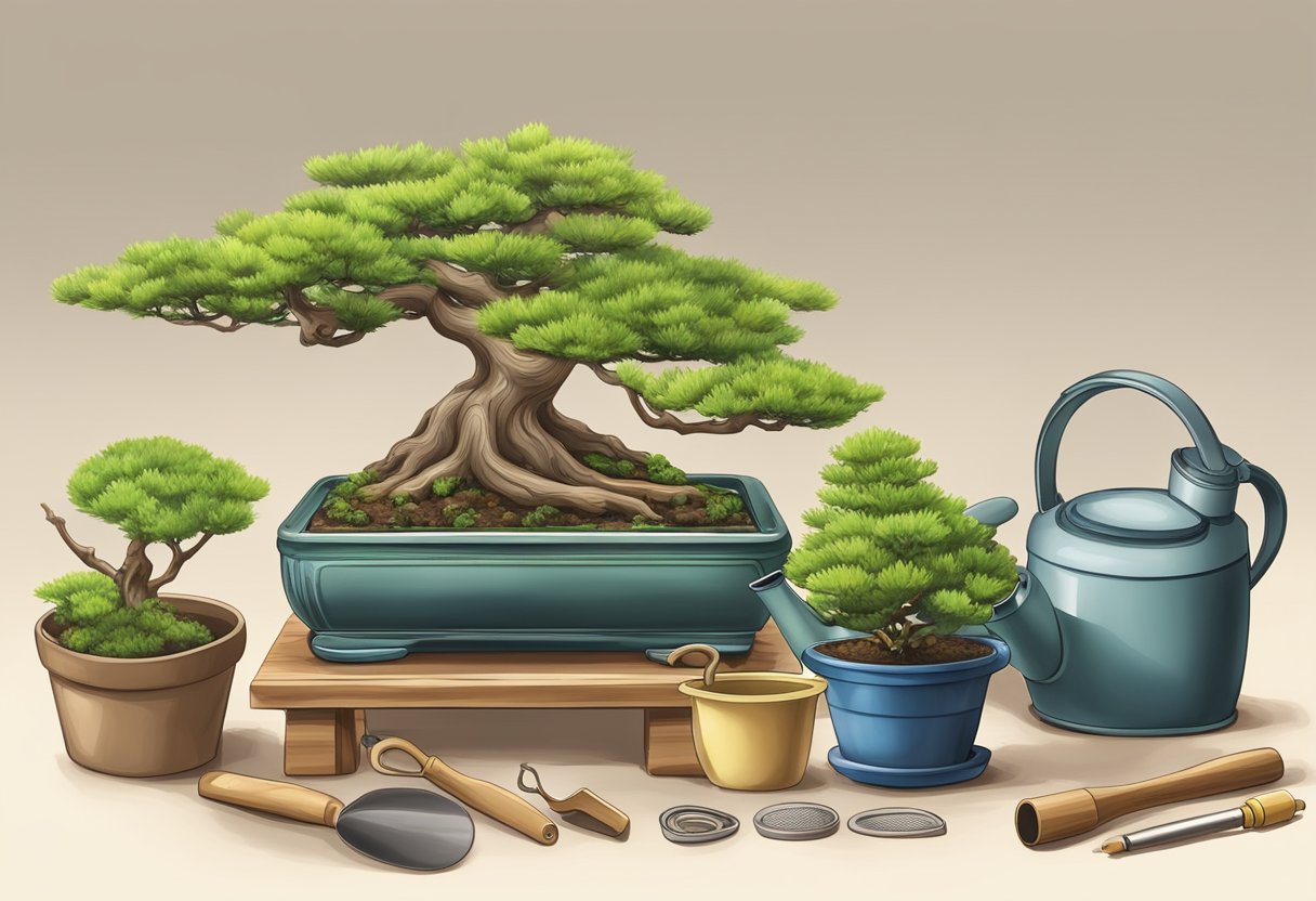 A table with a bonsai tree kit, small tools, and a watering can