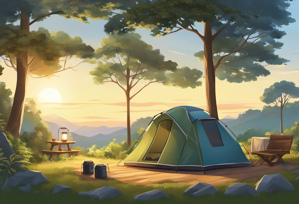 A serene campsite with a solar-powered tent, lantern, and cooking stove, surrounded by lush trees and a clear sky