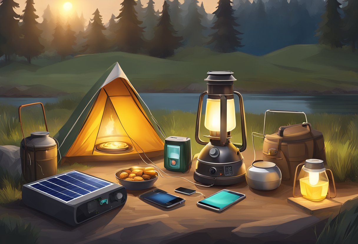 A campsite with solar-powered lanterns, a portable solar panel charging a device, and a solar-powered stove heating food