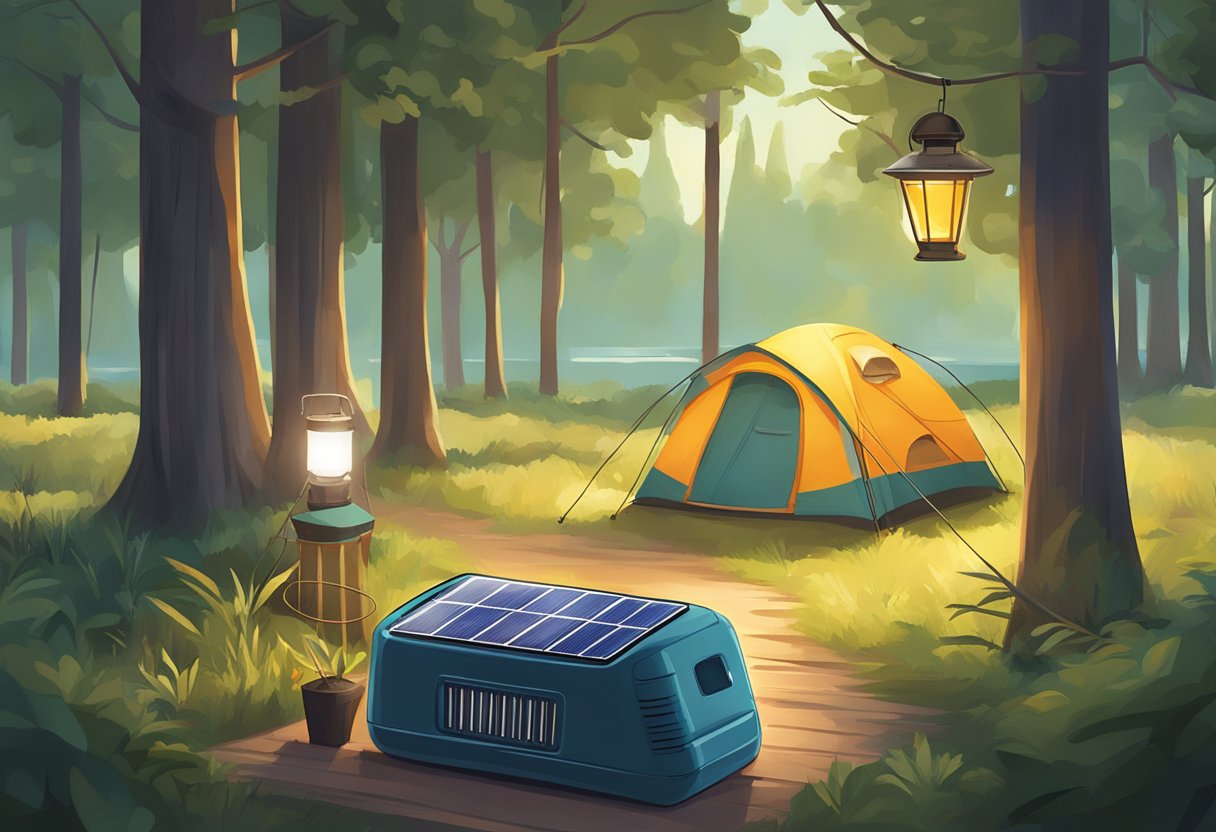 A serene campsite with solar-powered lanterns, a portable solar panel, and a solar-powered cooler nestled among the trees