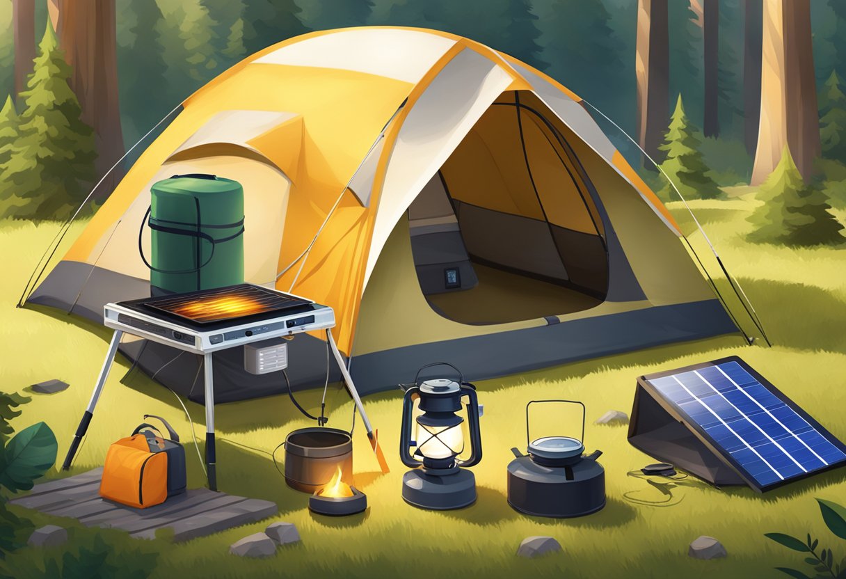 A sunny campsite with solar panels charging camping gear, including a tent, lantern, and portable stove