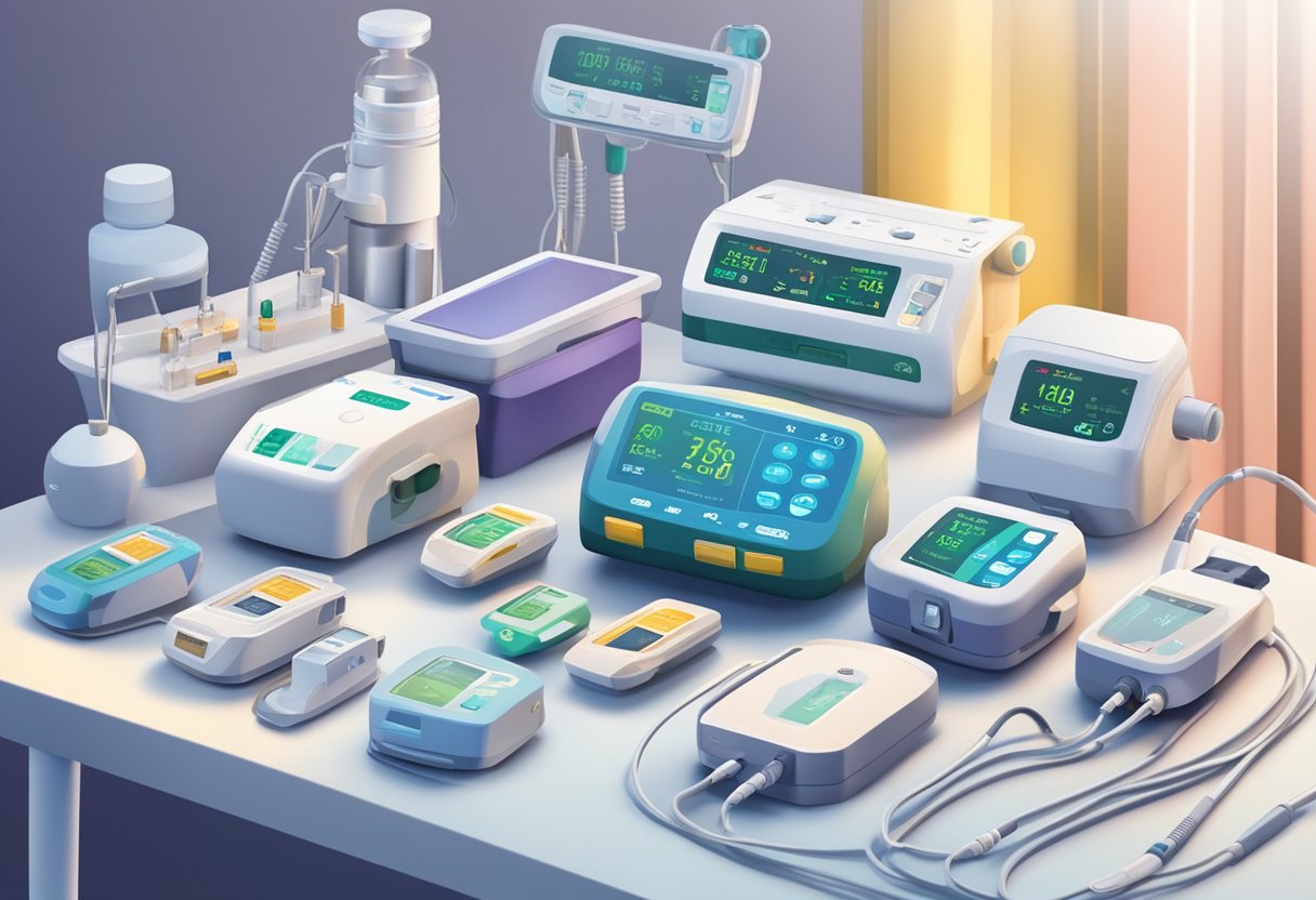 A table with various affordable pulse oximeters arranged neatly, surrounded by medical equipment and a bright, clinical setting