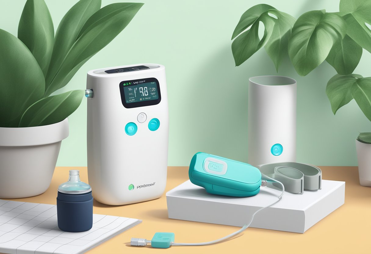 A pulse oximeter placed on a table next to a potted plant and a reusable water bottle. The device is surrounded by eco-friendly packaging materials