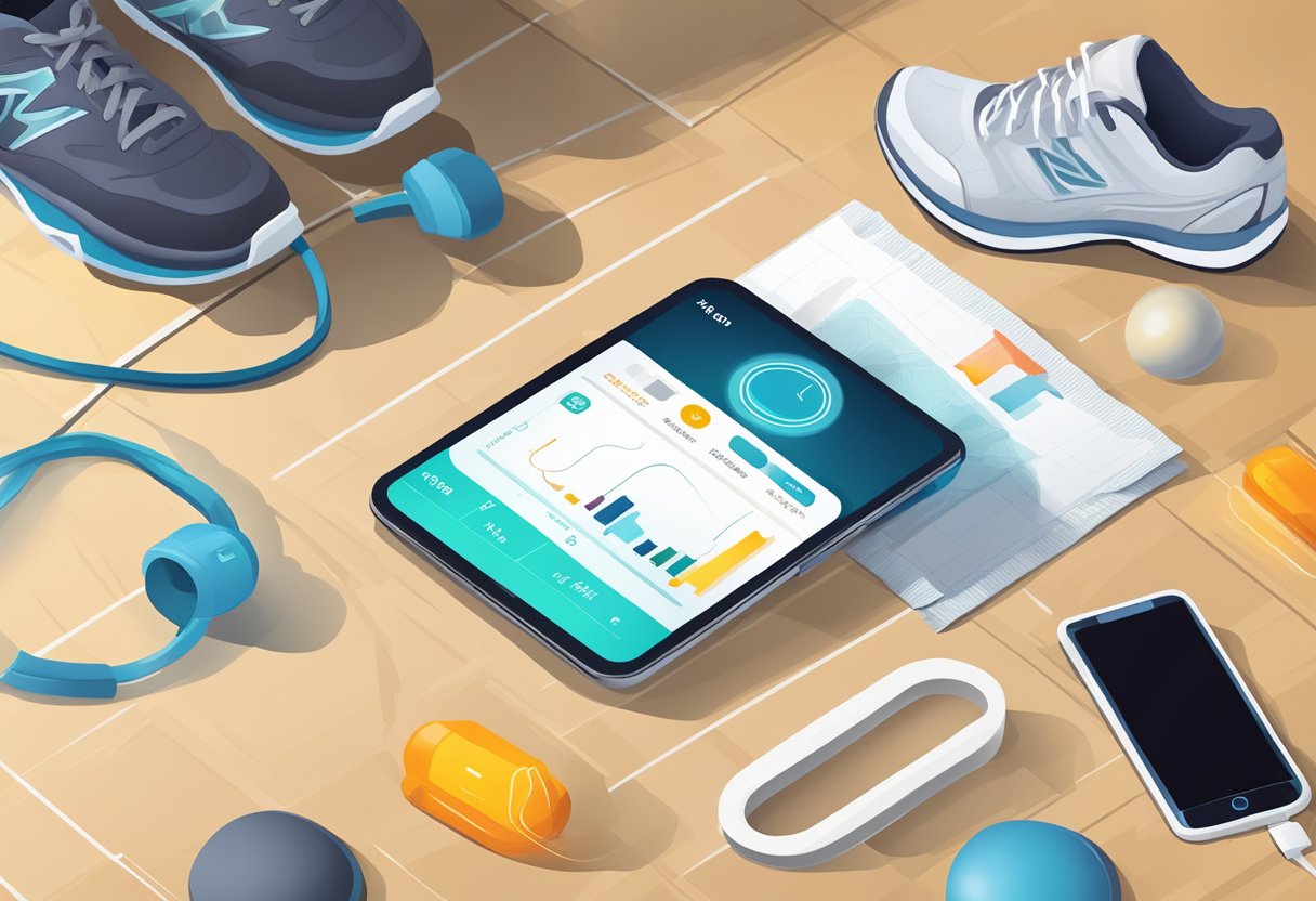 A smart health tracker next to a water bottle and running shoes on a gym floor