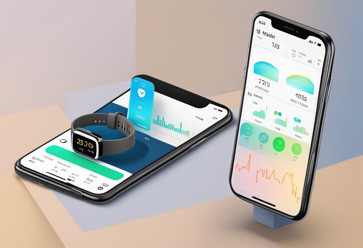 A smart health watch displaying fitness data alongside a mobile device with wellness app integration