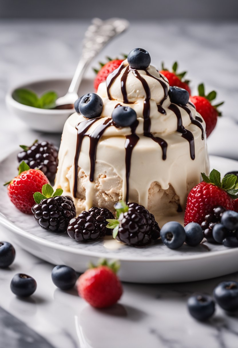 A bowl of keto ice cream topped with fresh berries and a drizzle of chocolate sauce sits on a marble countertop beside a silver spoon