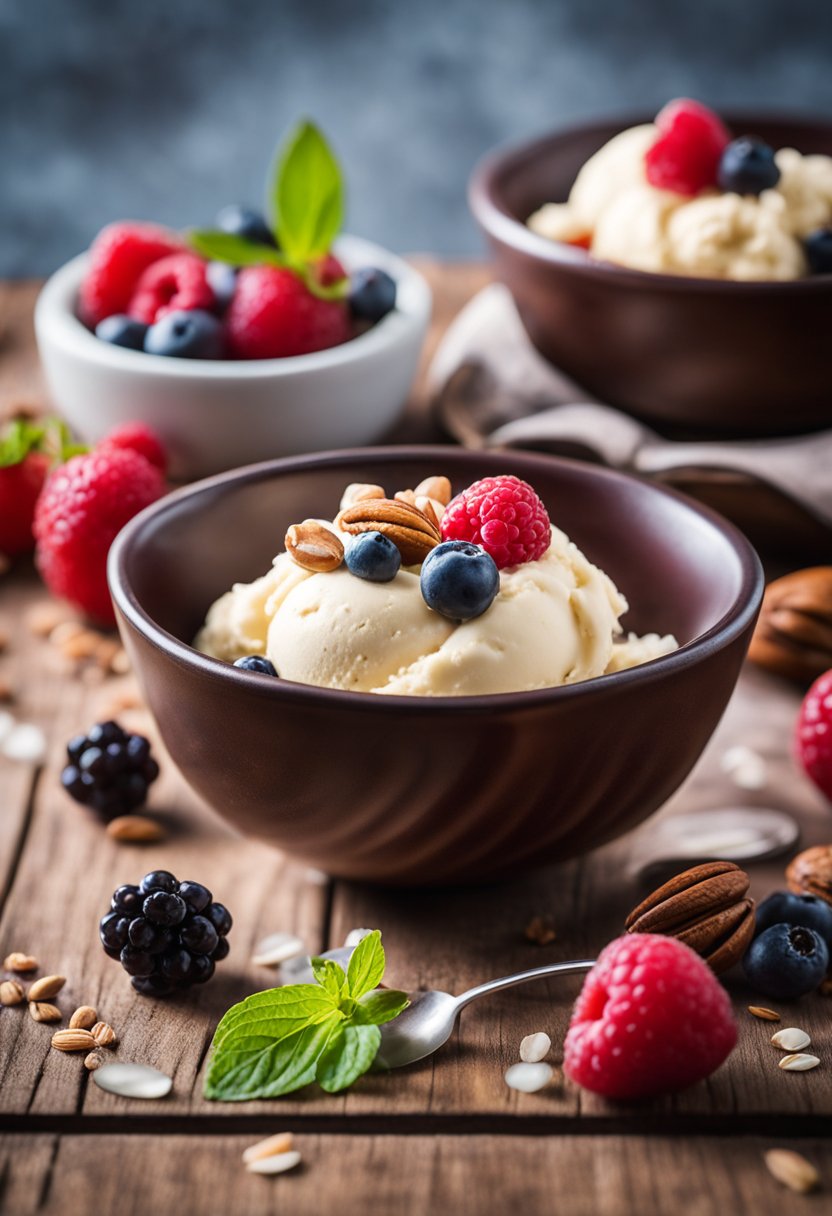 A bowl of keto ice cream surrounded by fresh berries and nuts on a wooden table