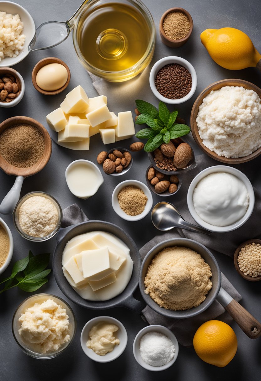 A variety of keto-friendly ingredients and kitchen tools laid out on a clean countertop, ready to be used for making delicious keto ice cream