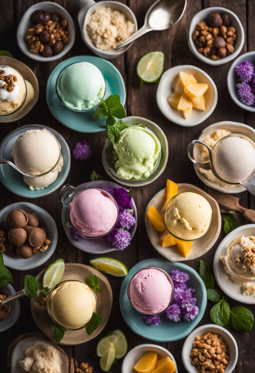 A variety of keto ice cream flavors displayed on a wooden table with a scoop and garnishes