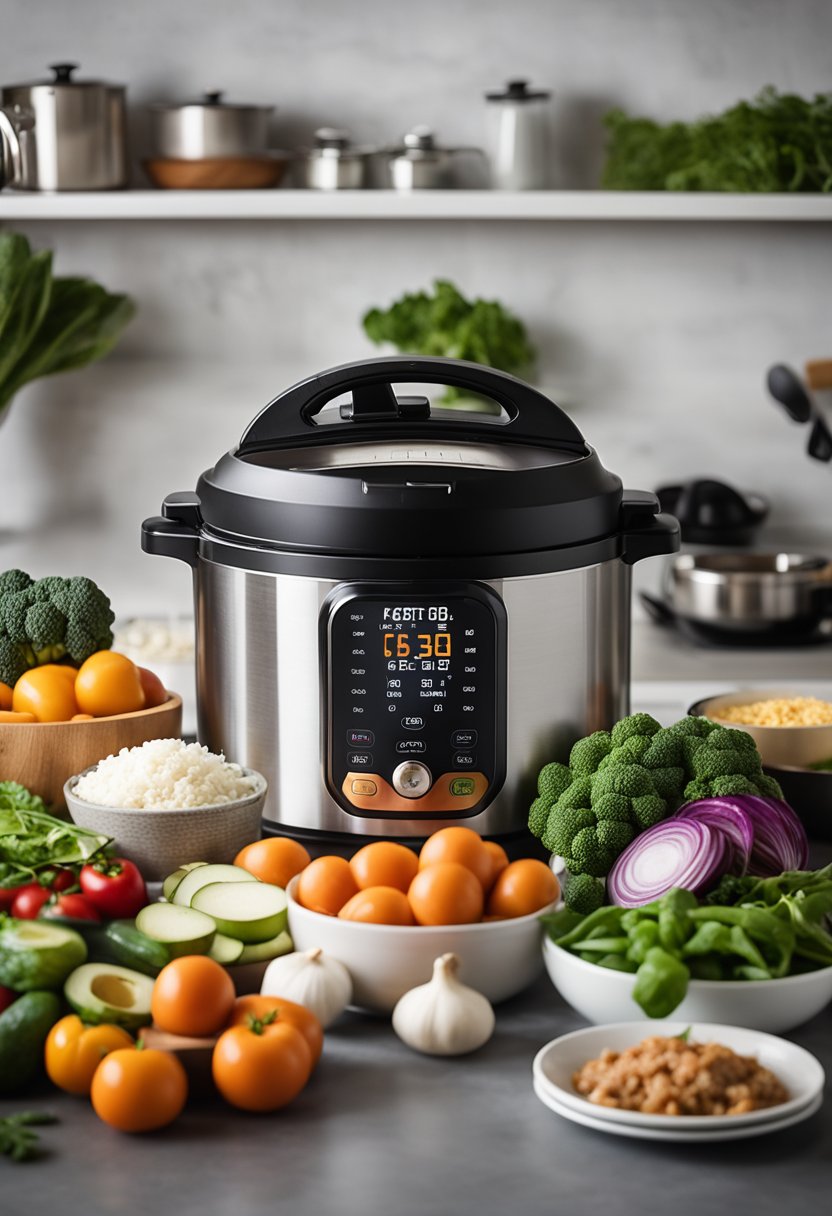 A steaming instant pot filled with keto-friendly ingredients, surrounded by various cooking utensils and fresh produce on a countertop