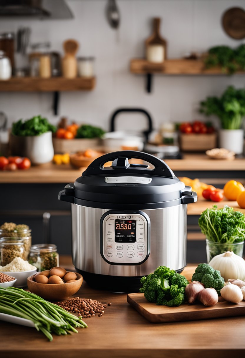 A kitchen counter with an Instant Pot surrounded by various keto-friendly ingredients such as vegetables, meats, and spices