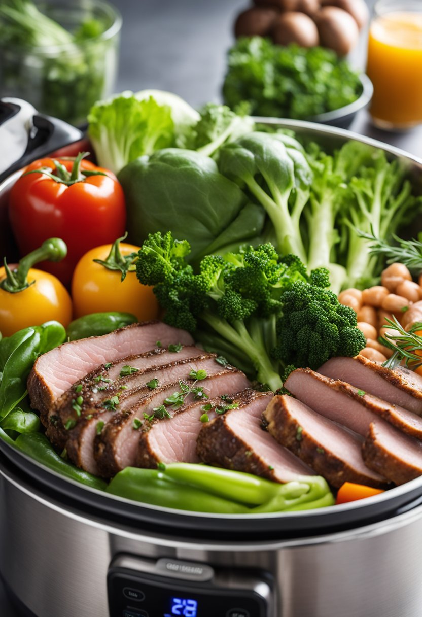 A variety of fresh vegetables, meats, and herbs arranged around an Instant Pot, with steam rising from the pot