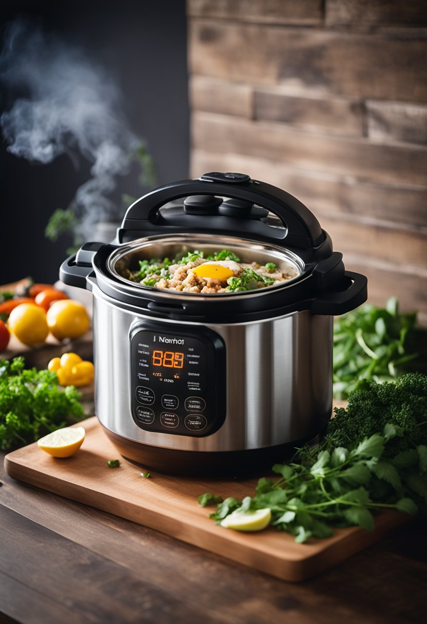 A steaming Instant Pot filled with colorful, flavorful keto meals surrounded by fresh herbs and spices