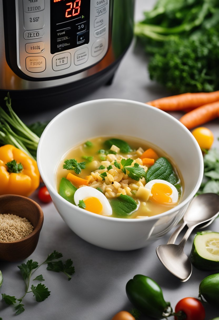 A steaming bowl of keto soup surrounded by colorful vegetables and herbs, with an Instant Pot in the background