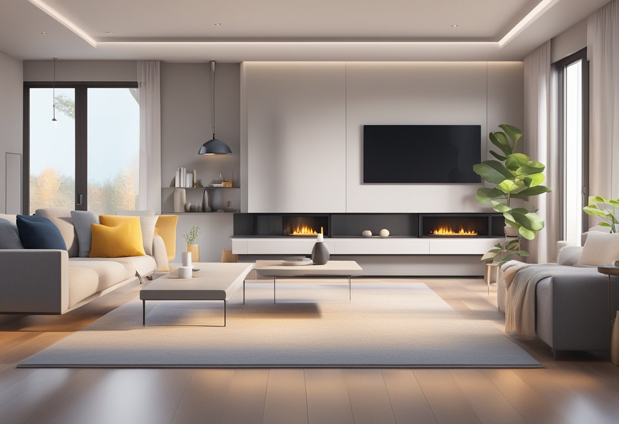 A modern living room with a sleek, minimalist design. A digital thermostat is prominently displayed on the wall, surrounded by smart home devices