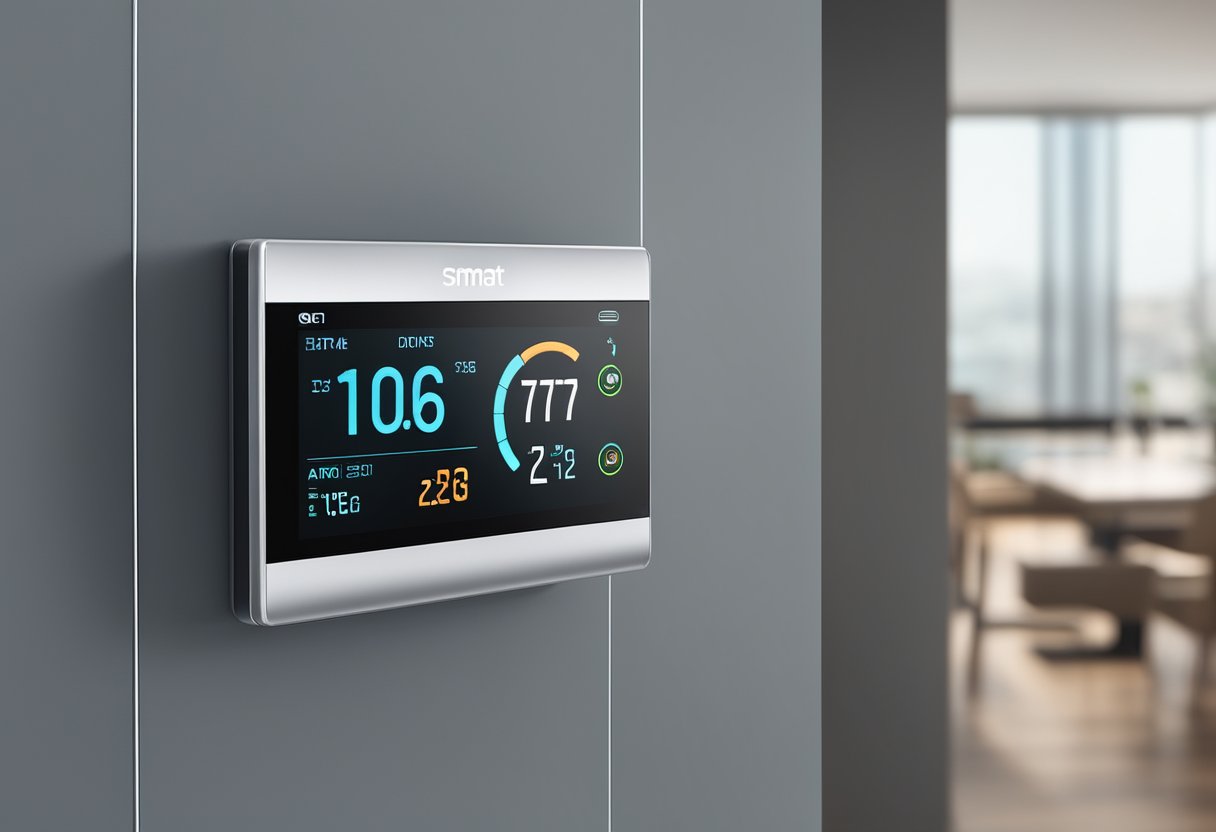 A sleek, modern smart thermostat surrounded by futuristic home automation devices and a digital interface displaying temperature control options