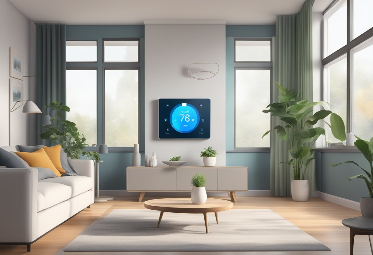 A smart thermostat seamlessly integrates with home assistants, adjusting the temperature in a modern living room