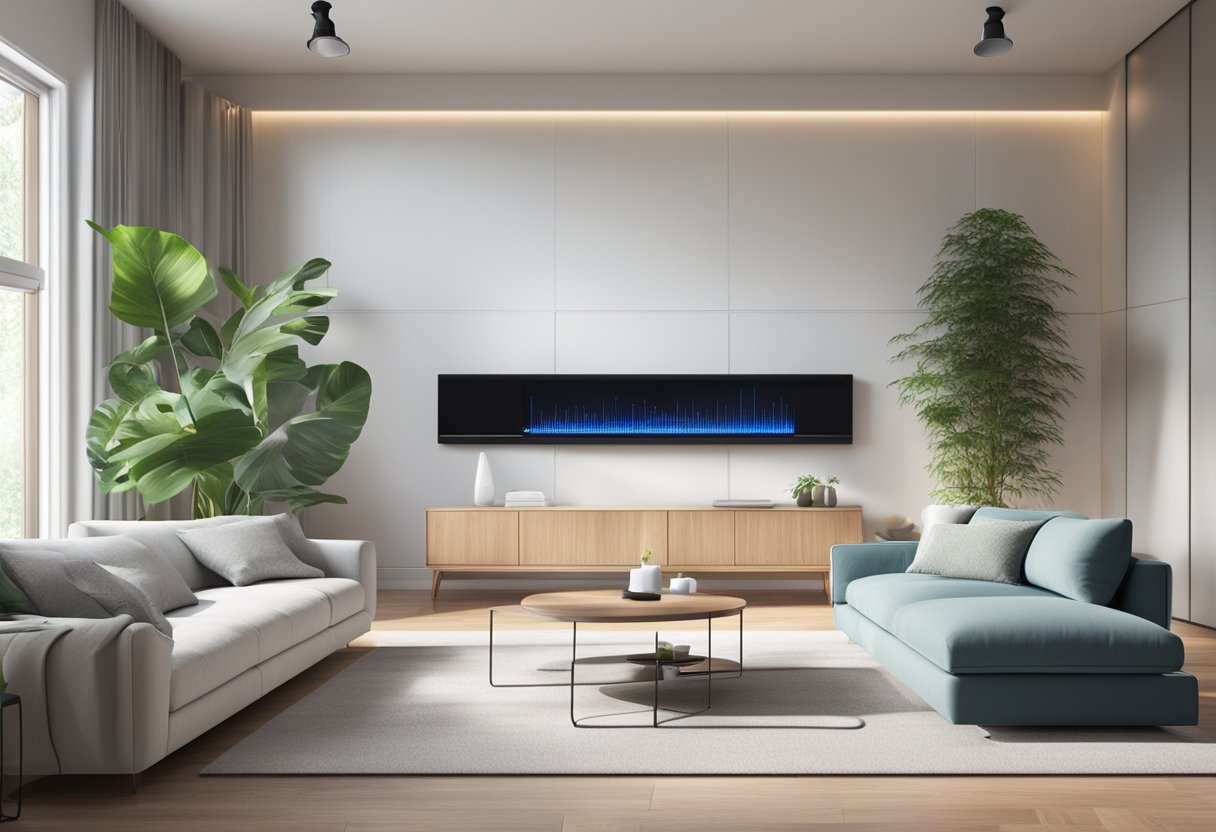 A smart thermostat installed in a modern living room, surrounded by energy-efficient appliances and plants, with a digital display showing temperature control