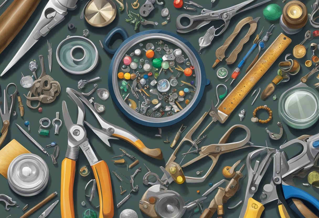 A cluttered workbench holds pliers, wire cutters, beads, and small containers of findings and charms. A magnifying lamp illuminates the tools