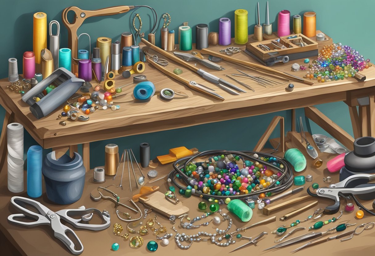 A workbench cluttered with jewelry making tools and supplies. Beads, wires, pliers, and other accessories scattered around