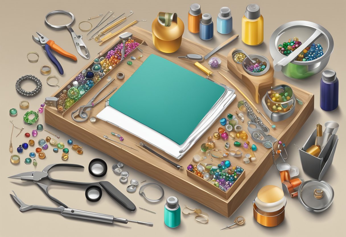 A workbench scattered with jewelry making tools and accessories. Beads, wire, pliers, and a magnifying glass are among the items