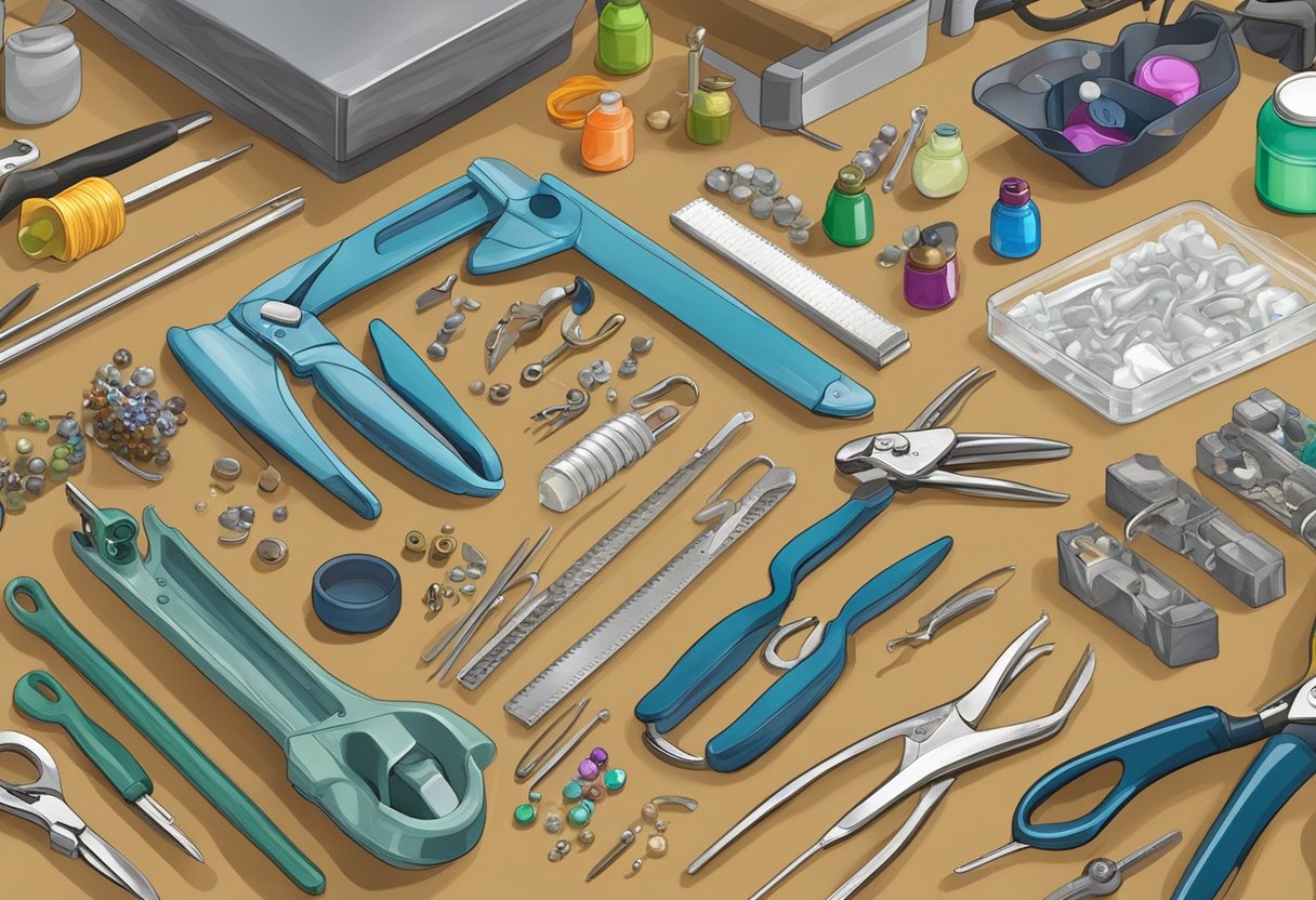 A cluttered workbench holds jewelry making tools and accessories, including pliers, wire cutters, beads, and small containers of findings