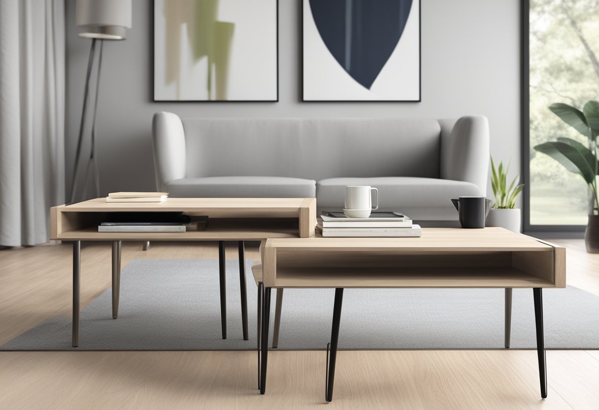 Two modern stackable end tables with sleek lines and minimalist design. Tips: choose tables with similar heights and materials for a cohesive look