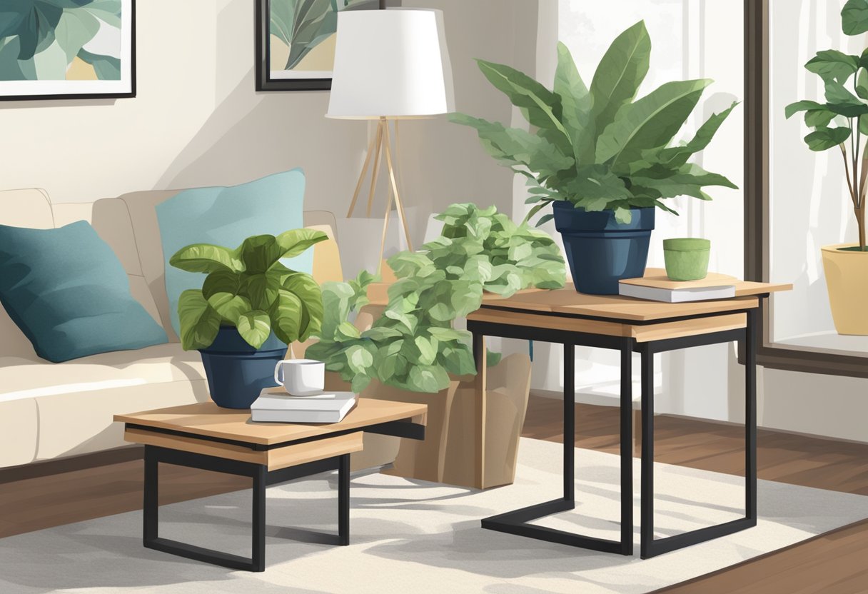 Two stackable end tables arranged in a well-maintained living room, with a potted plant on top and a coaster placed on the surface