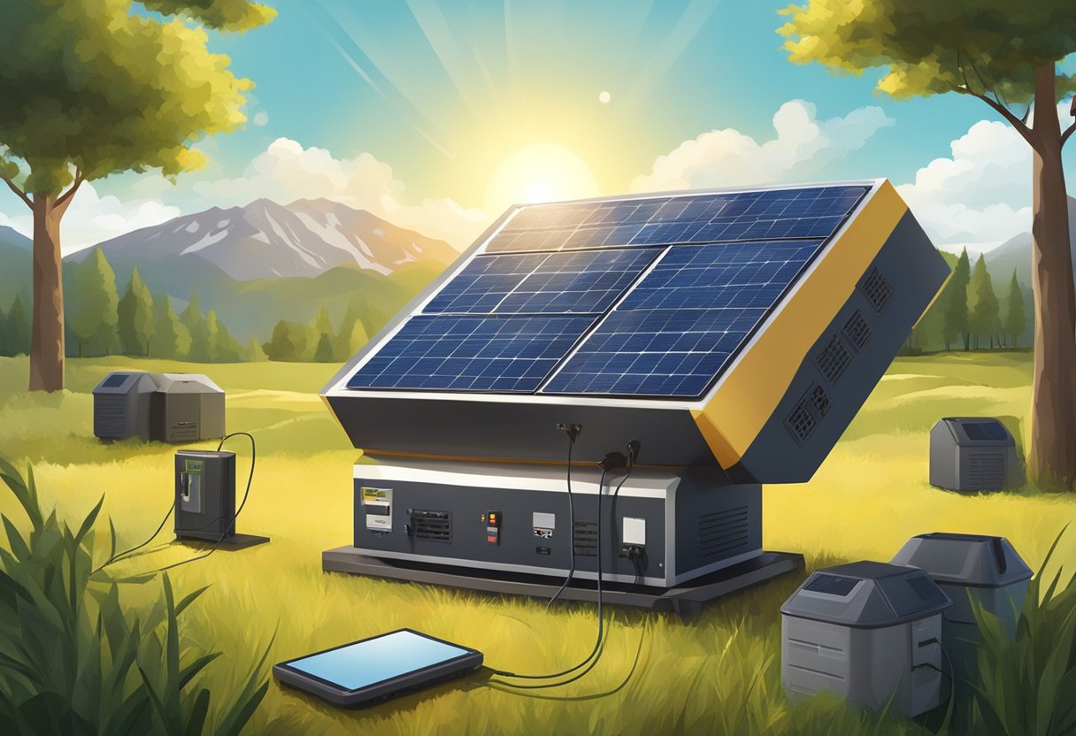 A portable power station with solar panels charging under the sun in a remote outdoor setting