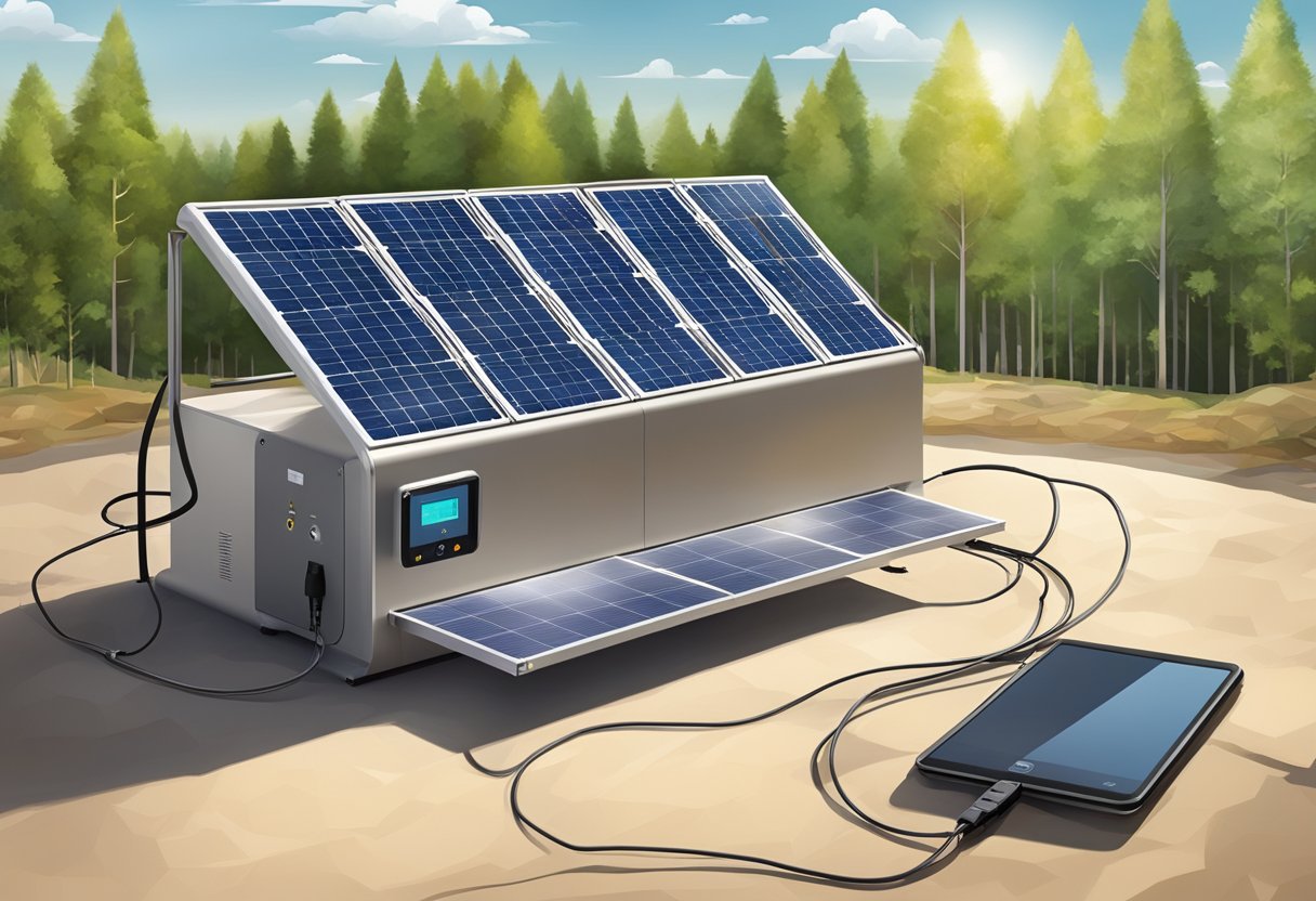 A portable power station with integrated solar panels charging in an outdoor setting