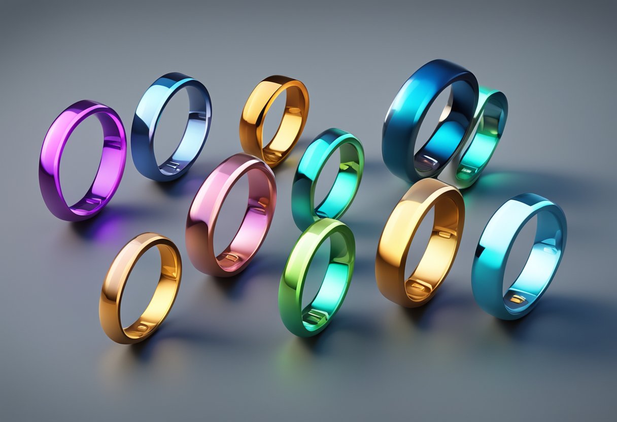 A variety of smart rings arranged on a sleek, modern display, each glowing with different colors to indicate various health monitoring functions