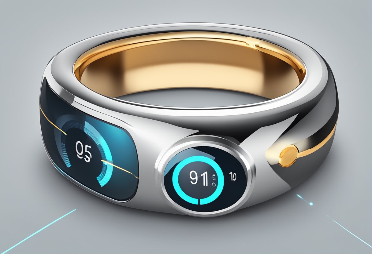 A smart ring with various sensors and indicators measuring heart rate, sleep patterns, activity levels, and other health data