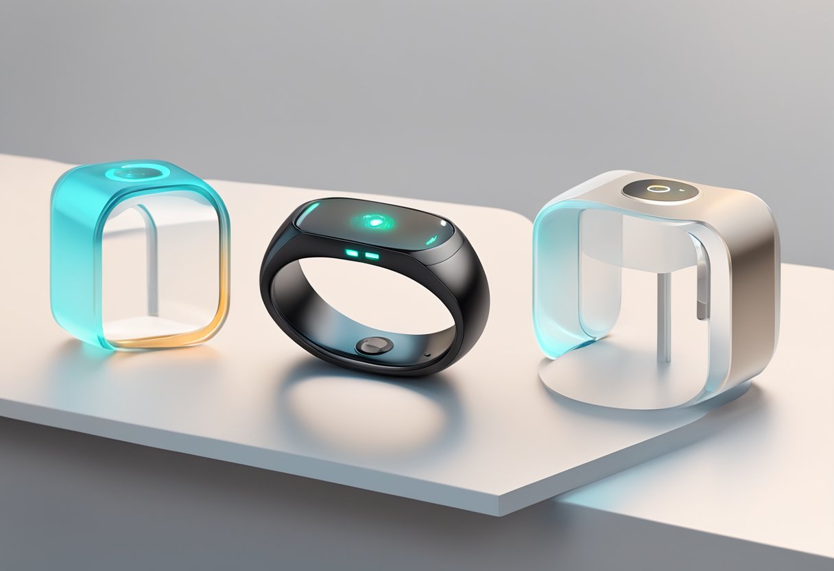 A smart ring with various health sensors and a sleek design displayed on a modern, minimalist table