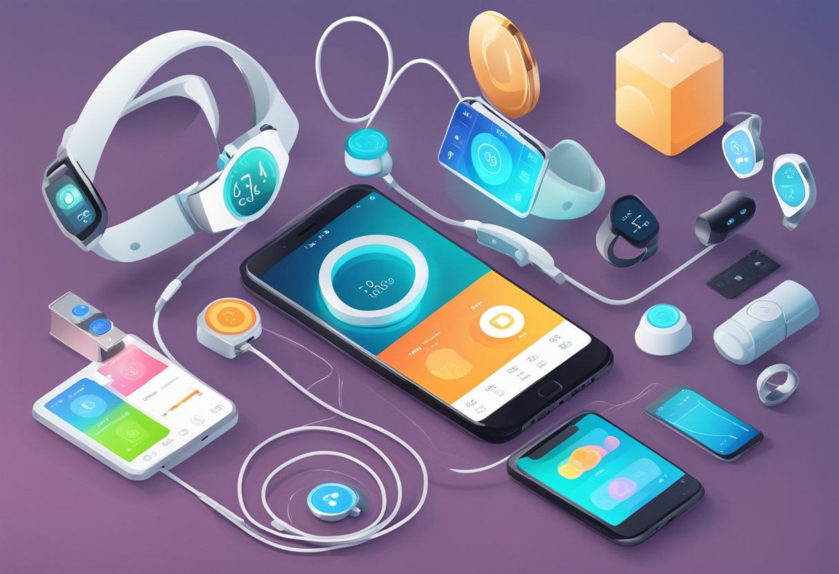 A smart ring surrounded by various health monitoring devices and equipment, such as a blood pressure monitor, a scale, a fitness tracker, and a smartphone with health apps open