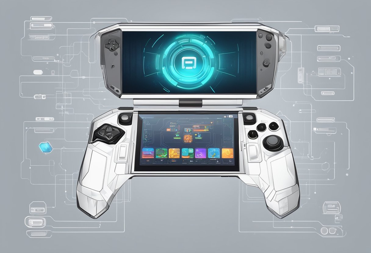 A modern handheld gaming console with a sleek design and built-in games, surrounded by futuristic technological elements