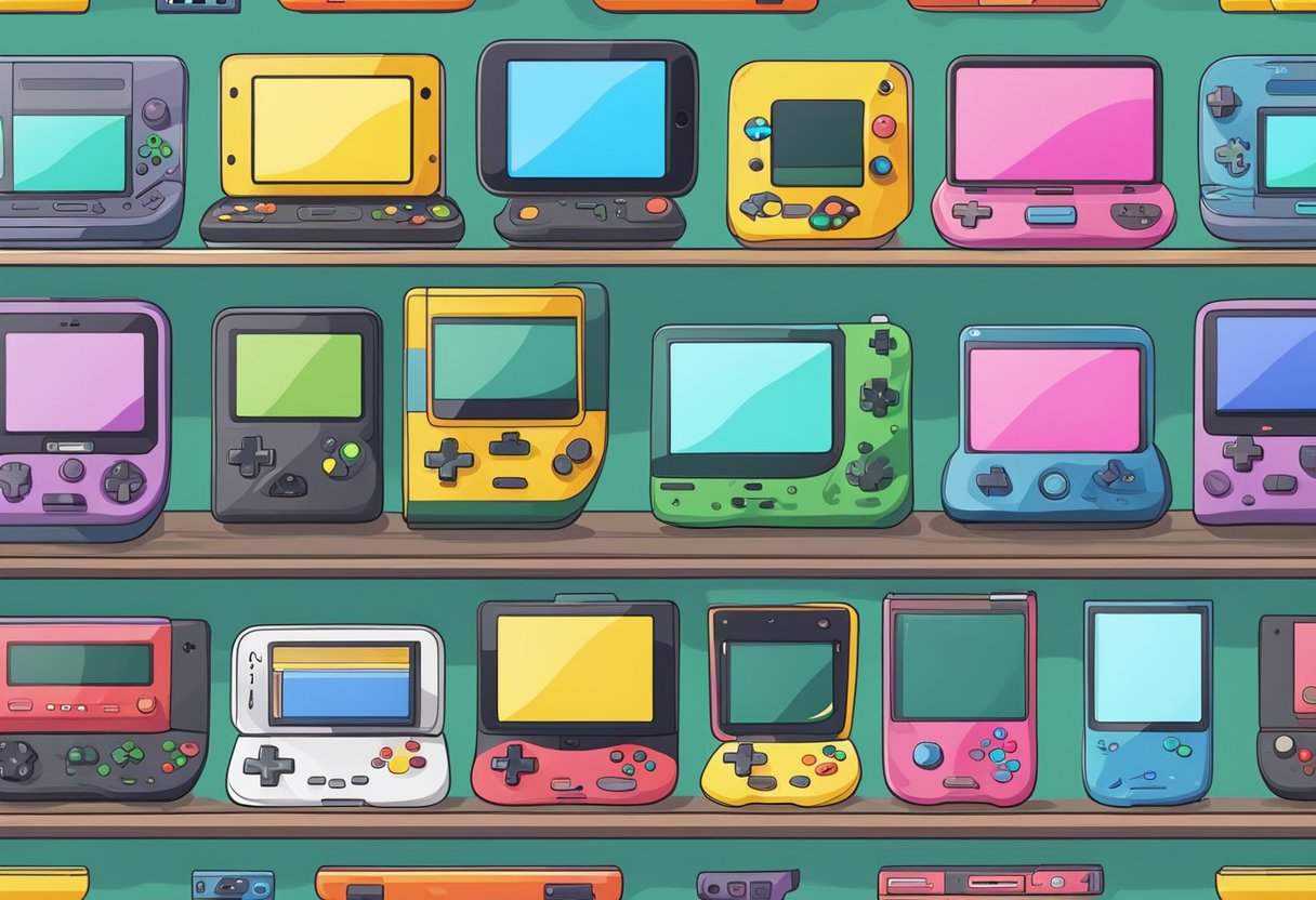 A collection of handheld gaming consoles with built-in games arranged on a shelf, with colorful screens and buttons