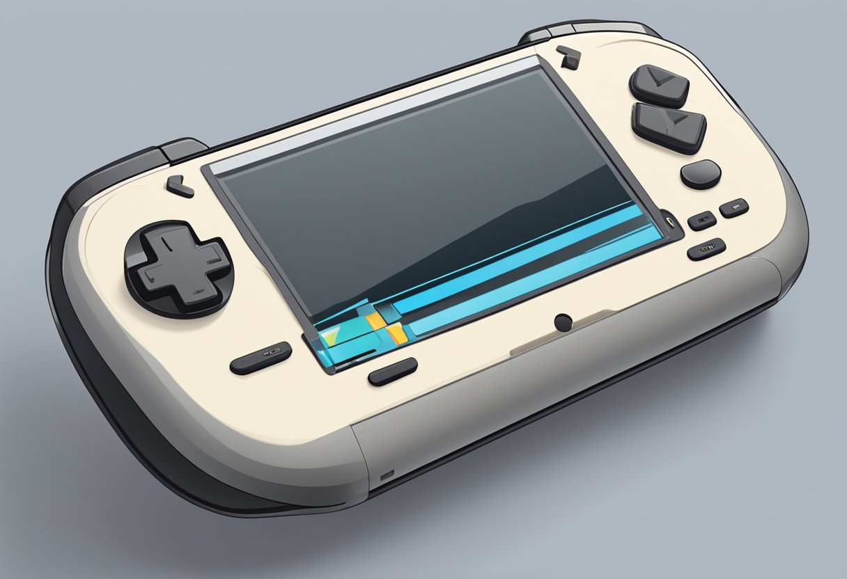 A handheld gaming console with a built-in game library displayed on a clean, modern surface