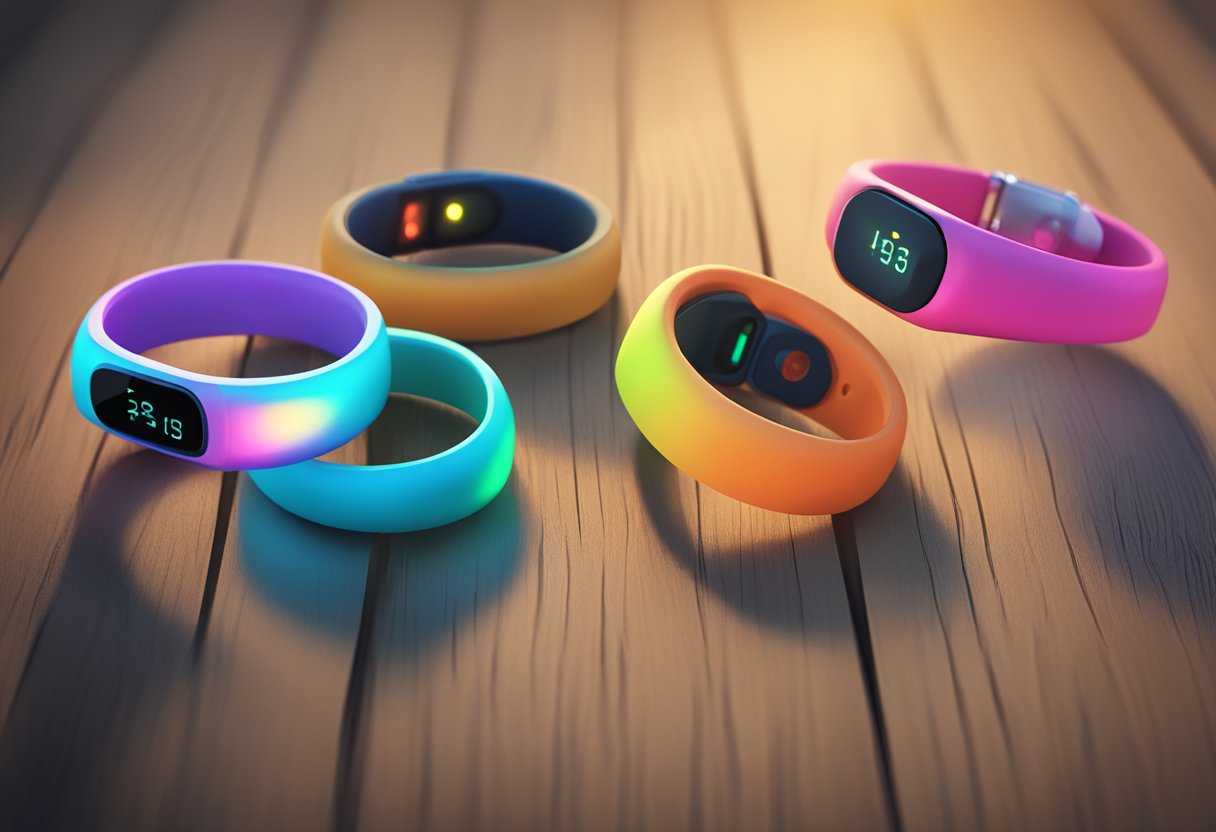 Three colorful fitness tracker rings on a wooden surface with a soft light shining on them from above