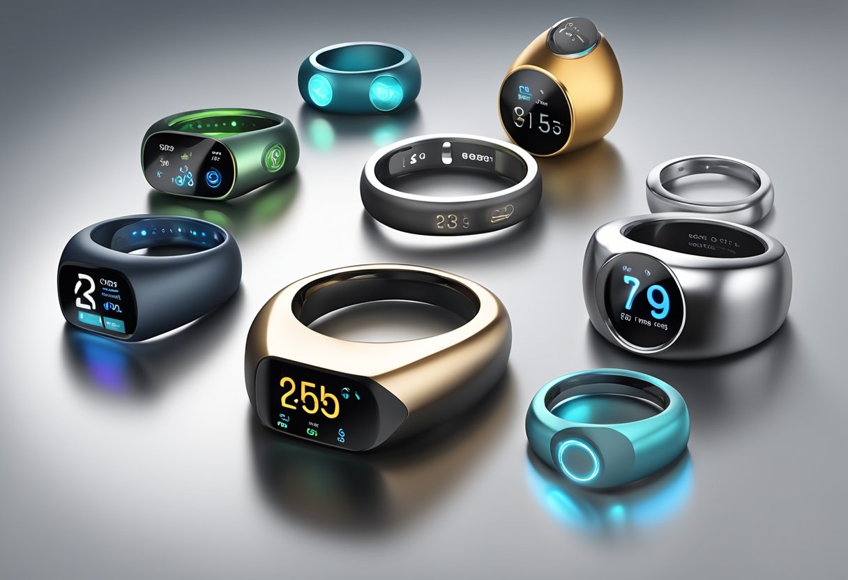 A collection of smart rings displayed on a sleek, modern table with various fitness and health tracking features visible