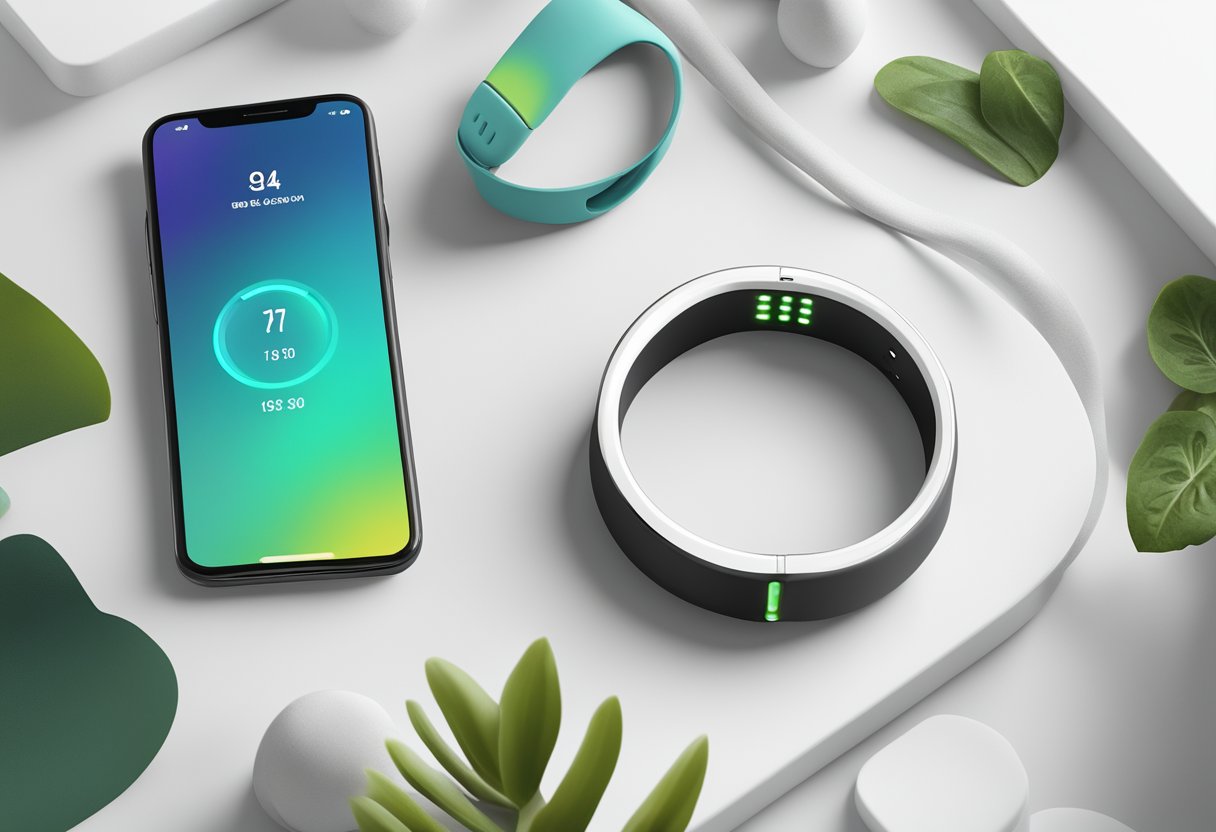 A sleek, modern fitness tracker ring displayed on a minimalist white surface, surrounded by colorful workout equipment and vibrant plants