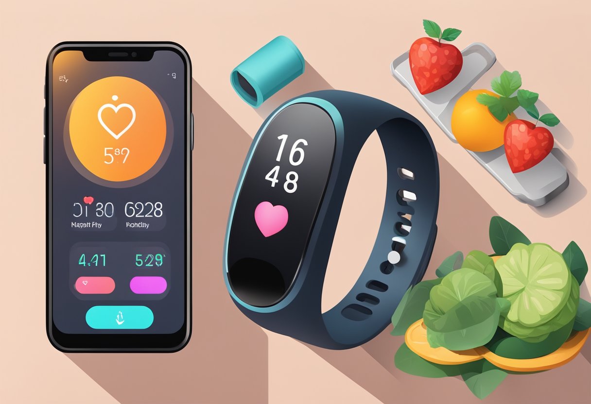 A smart ring with heart rate monitoring displayed next to a fitness tracker, surrounded by workout equipment and healthy food