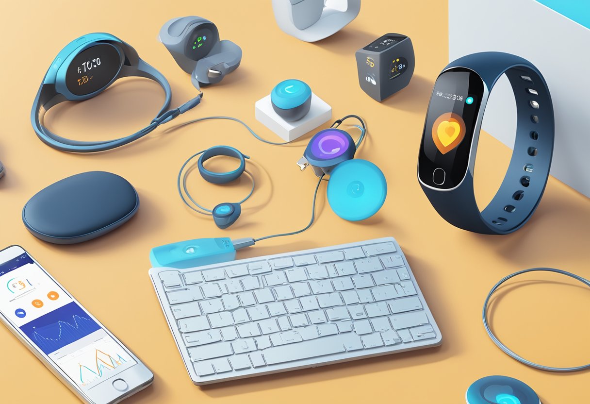 A smart ring with heart rate monitoring is shown next to various electronic devices and wearables for compatibility testing