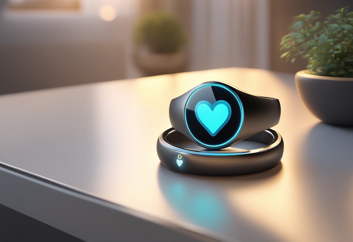 A smart ring with a sleek design and a built-in heart rate monitor displayed on a modern, minimalist table with soft lighting