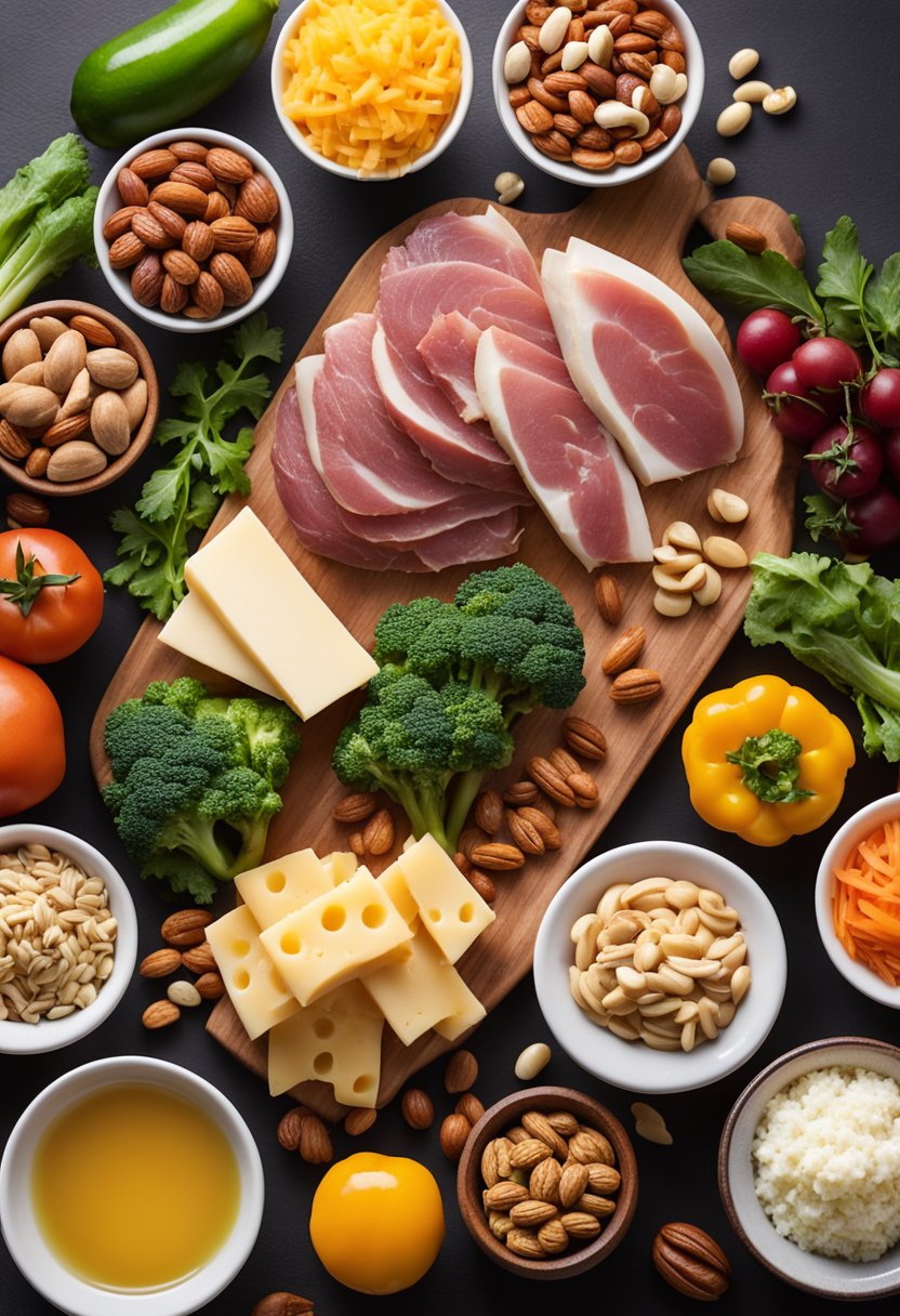 A variety of keto-friendly foods arranged on a wooden cutting board with colorful vegetables, nuts, cheese, and meats