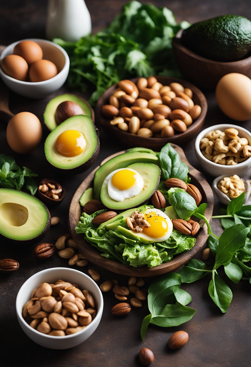 A kitchen counter with keto-friendly foods: avocados, nuts, leafy greens, eggs, and lean meats. A cookbook open to a keto recipe